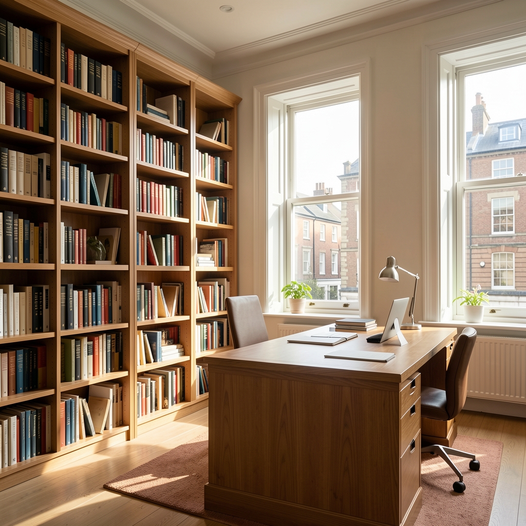 Editorial workspace with neat bookshelves, a writing desk and natural daylight streaming through tall windows in a London office
