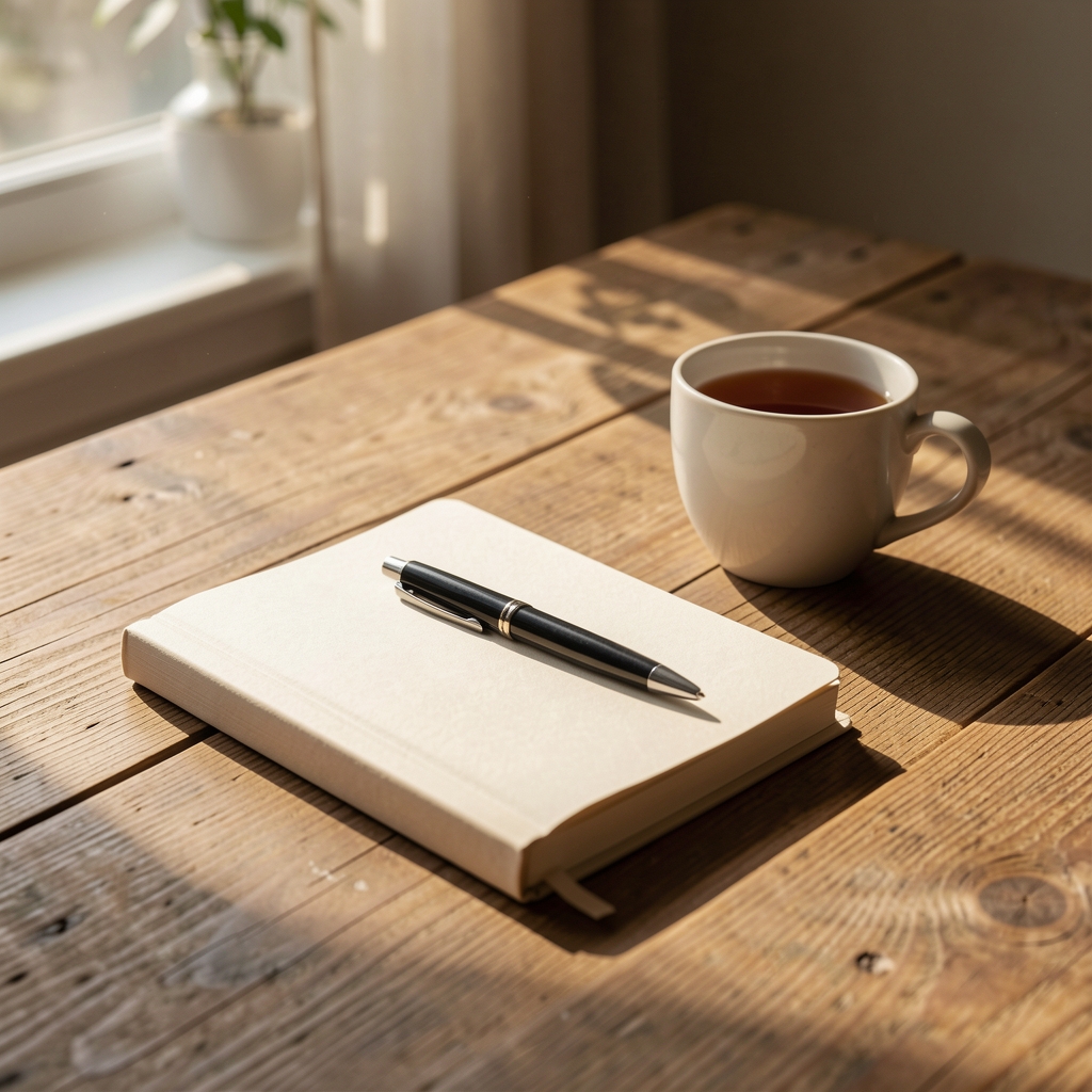 Morning light falling across a wooden table with a single notebook, pen and cup of tea arranged in a quiet contemplative setting