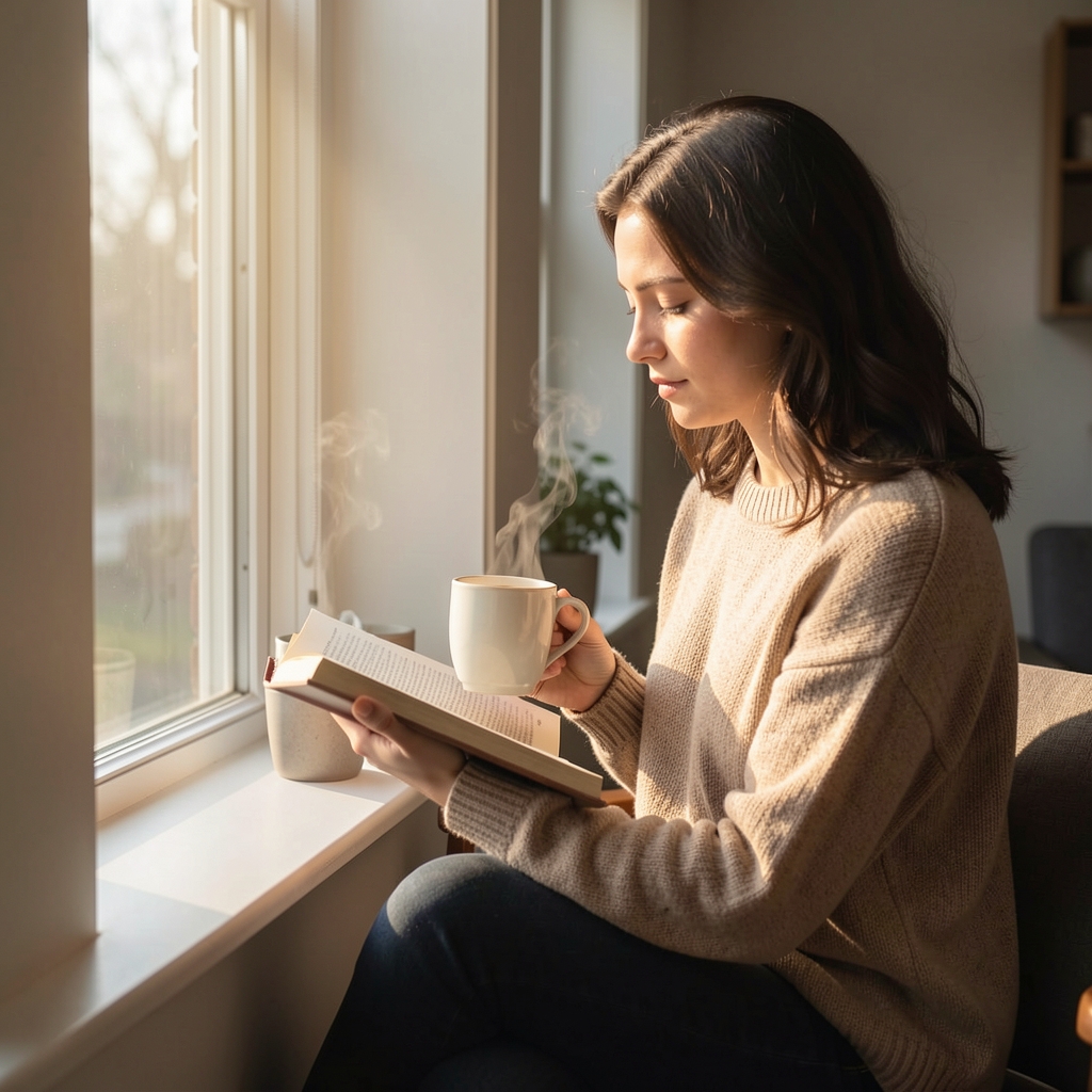 Person seated at a window with a book and warm drink, calm morning atmosphere with soft daylight suggesting quiet reflective practice