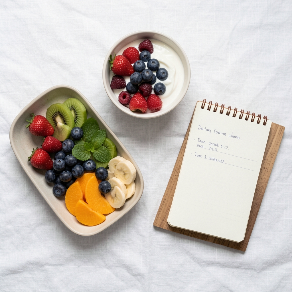 Top-down view of a minimal breakfast spread on a white linen surface with seasonal fruit, yoghurt and a small notebook for daily routine tracking
