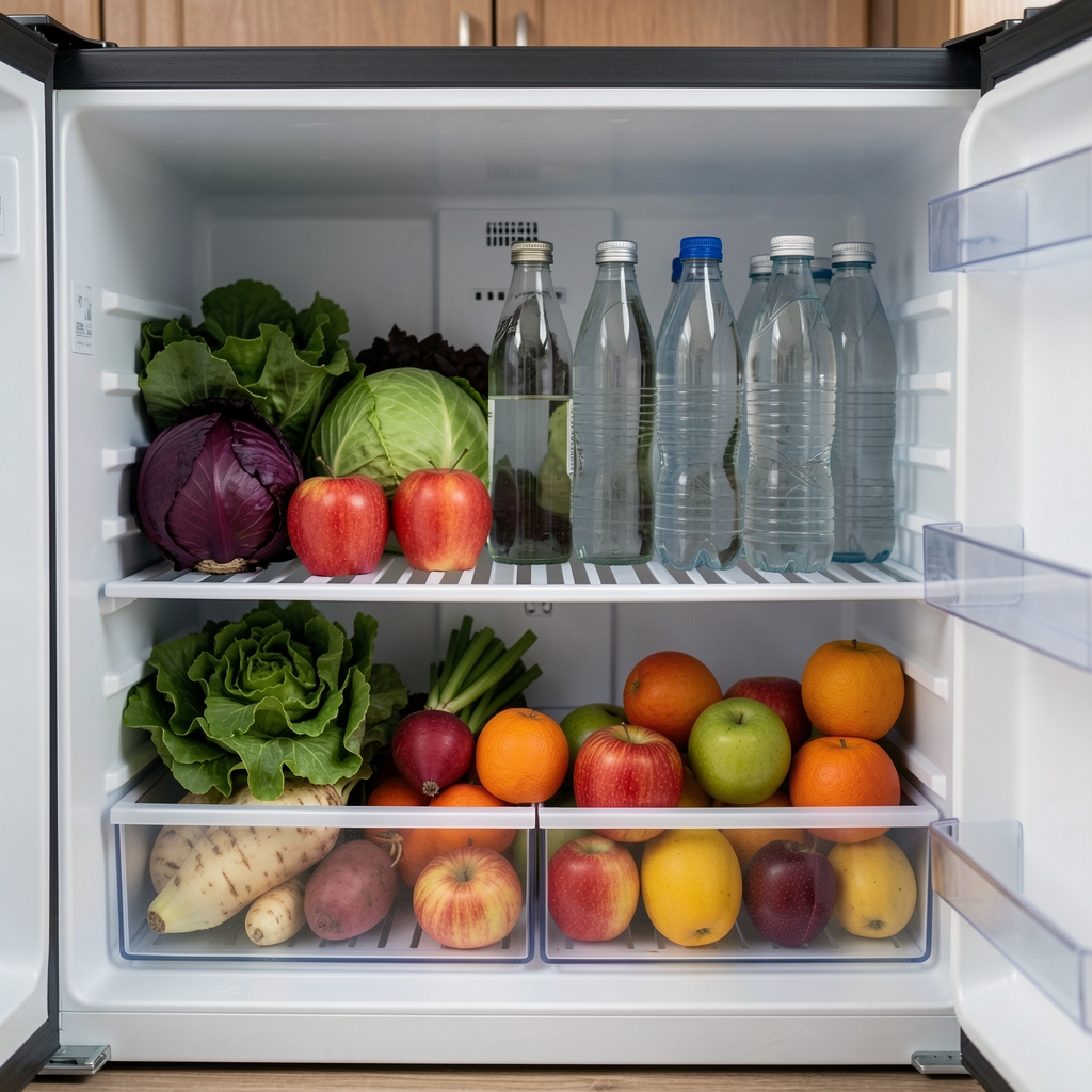 Open refrigerator shelf viewed from the front showing neatly arranged fresh produce, glass water bottles and fruit at eye level in a home kitchen
